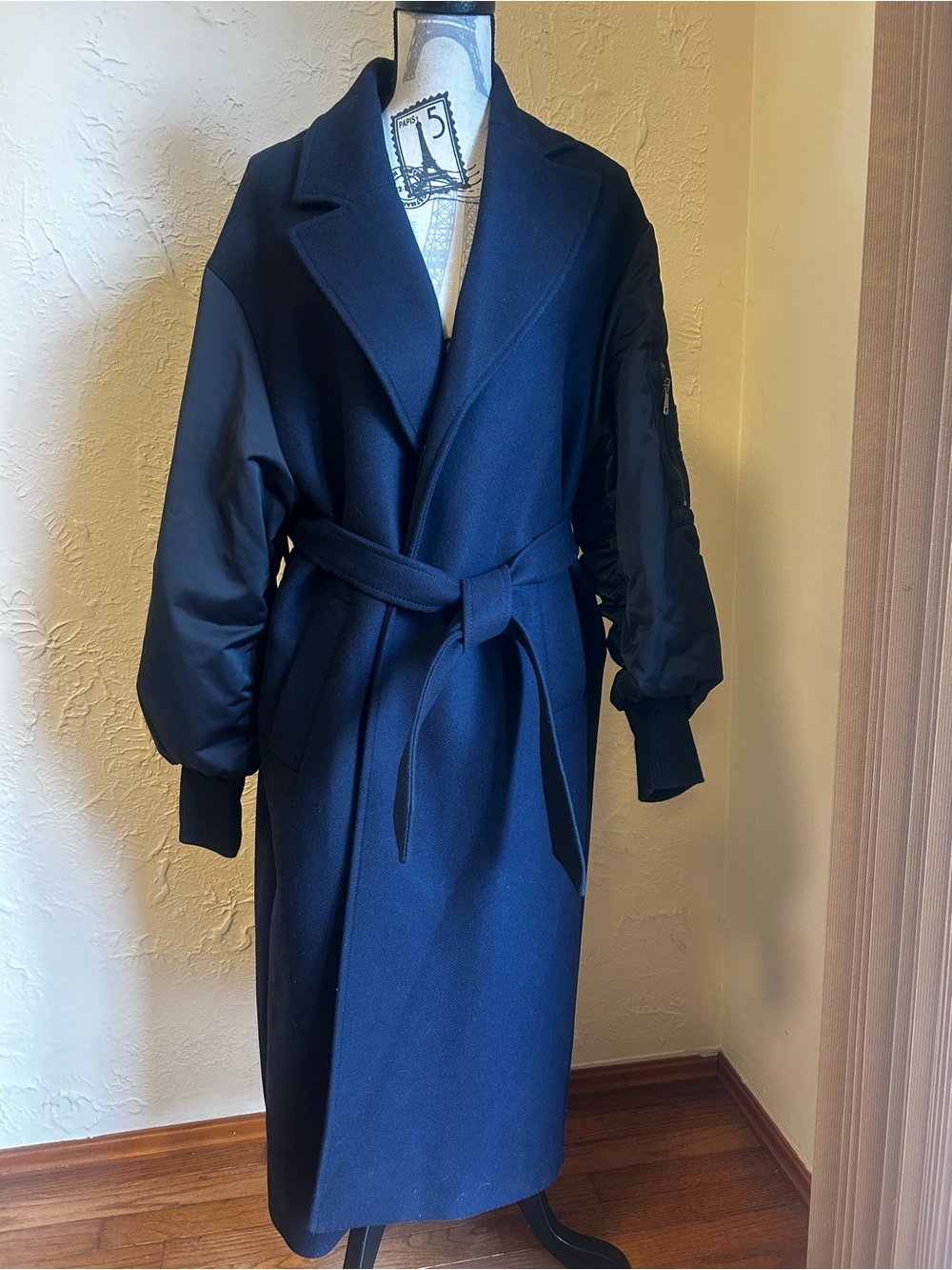Zara Women’s Wool Navy Trench Coat with Bomber Sleeves